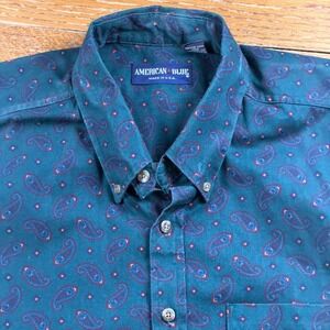 Vintage American‎ Blue Mens XL Paisley Button Shirt Short Sleeve Geometric USA